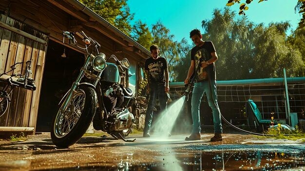Deux homme lavent une moto