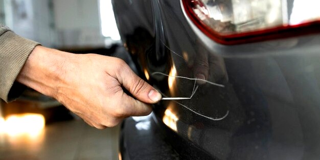 Homme rayant une voiture