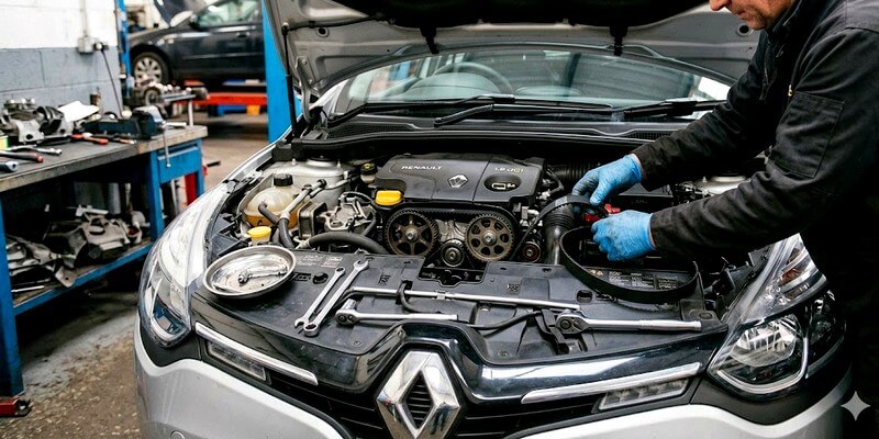 Un mécanicien change une courroie de distribution clio 4 diesel