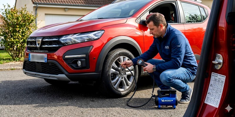 Homme gonflant les pneus d'une dacia sandero rouge
