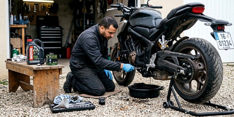 Homme qui fait sa vidange de moto
