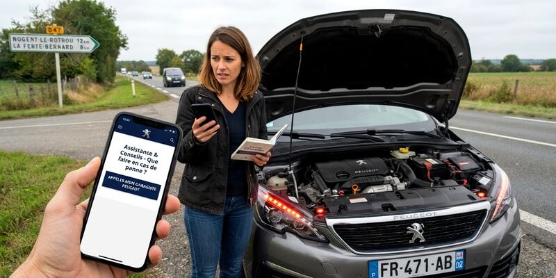 Voiture peugeot en panne sur la route