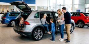 Famille testant une voiture familiale