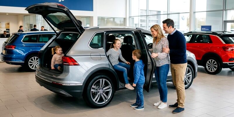 Famille testant une voiture familiale